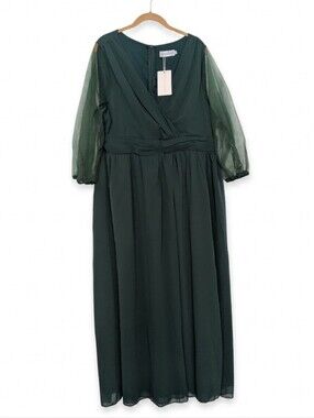 NWT Flycurvy 2XL Forest Green Chiffon Maxi Dress Sheer Sleeve Formal Modest